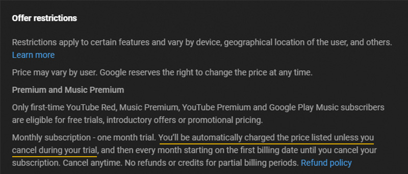 过半数平台订明试用期过后会自动收费，图为「YouTube Music」（#7）的服务条款及细则。