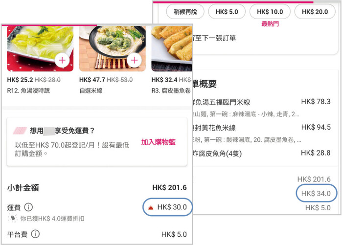 圖1: 在訂餐時，部分平台的運費隨時間改變，例如其中1次在「Foodpanda」訂餐時顯示運費為$30，有減$4優惠，但結帳時卻轉為$34。向客服查詢後，客服表示運費會根據所在地區的繁忙程度、與餐廳的距離、交通情況或天氣狀況等因素自動調整。