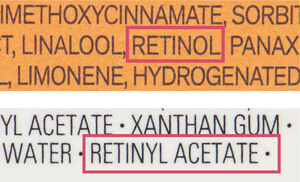 视黄醇（retinol）和视黄醇乙酸酯（retinyl acetate）同属维他命A成分。