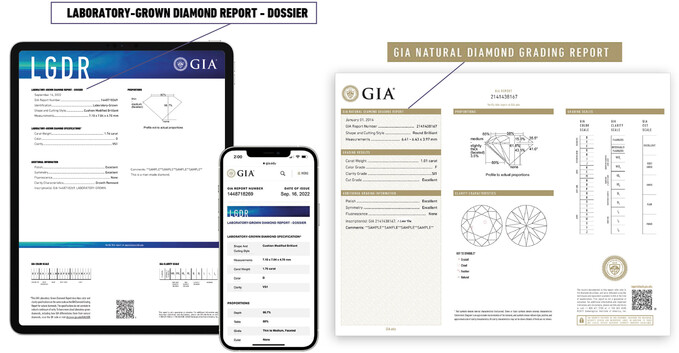  由GIA所发出的实验室培育钻石鉴定报告书样本（左）及天然钻石鉴定报告书样本（右）。