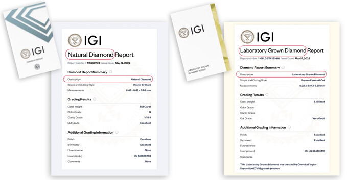由IGI签发的天然钻石鉴定报告书样本（左）及实验室培育钻石鉴定报告书样本（上）采用了不同界面设计，有助消费者辨识及区分。（图片获授权摘录自IGI官方网站）