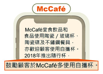 「McCafé」官方網站「綠色營運」網頁上鼓勵消費者多使用自攜杯的環保推廣。